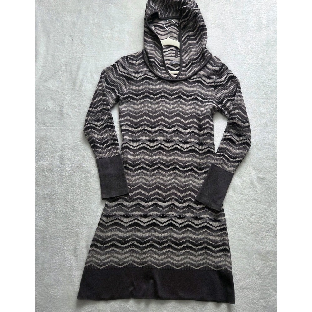 Prana Sweater Dress Meryl Hooded Chevron Black Gray Knit Size Medium